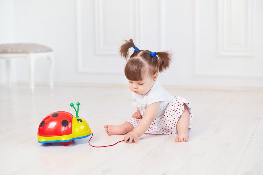 Criança pequena sentada no chão brincando com um brinquedo de puxar